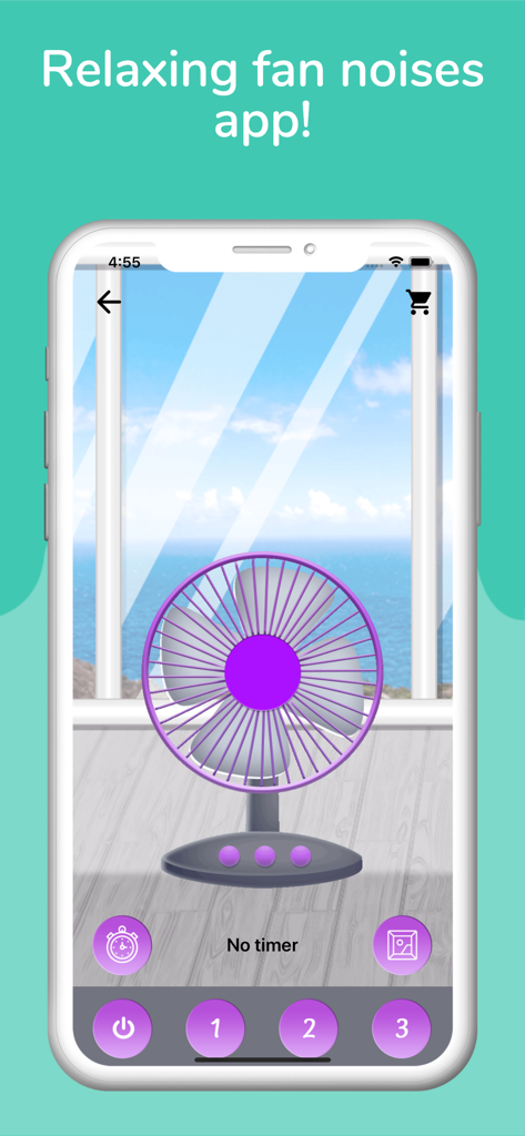 Sleep Fan: Relax & Sleep Sound - Sleep Fan app interface featuring a purple fan with ocean view background and speed controls