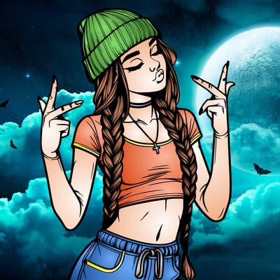 realistic teenage girl with braids and a beanie and crop top doing 🫶🏼