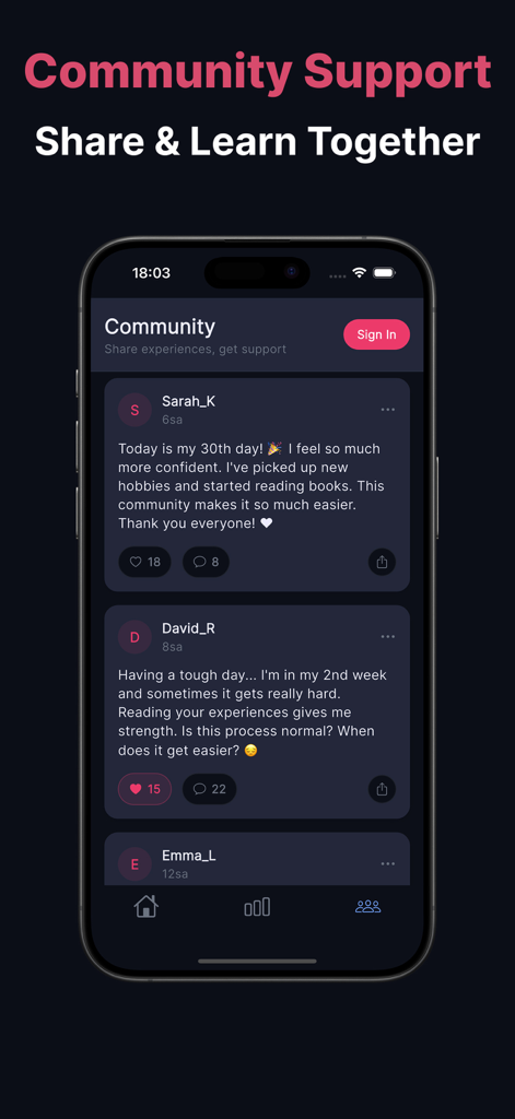 Schermata di supporto della community nell'app NoContact breakup tracker che mostra post degli utenti e esperienze condivise.