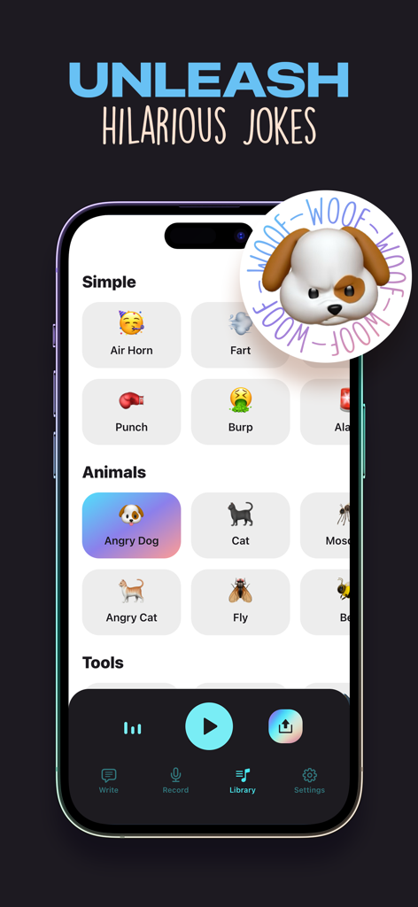 Interface of Revoice AI Voice Changer showing different sound categories like simple and animals