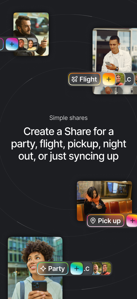 Interface of the eta app showing different share categories like party, flight, and pickup with user profile pictures.