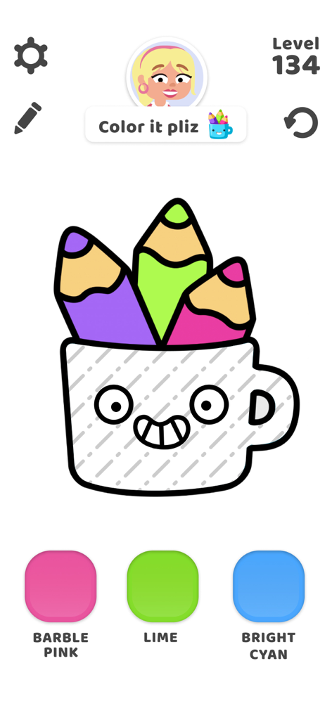 Color Page 2 ASMR - Art game - A coloring level in the Color Page 2 ASMR app featuring a cute smiling mug with colored pencils