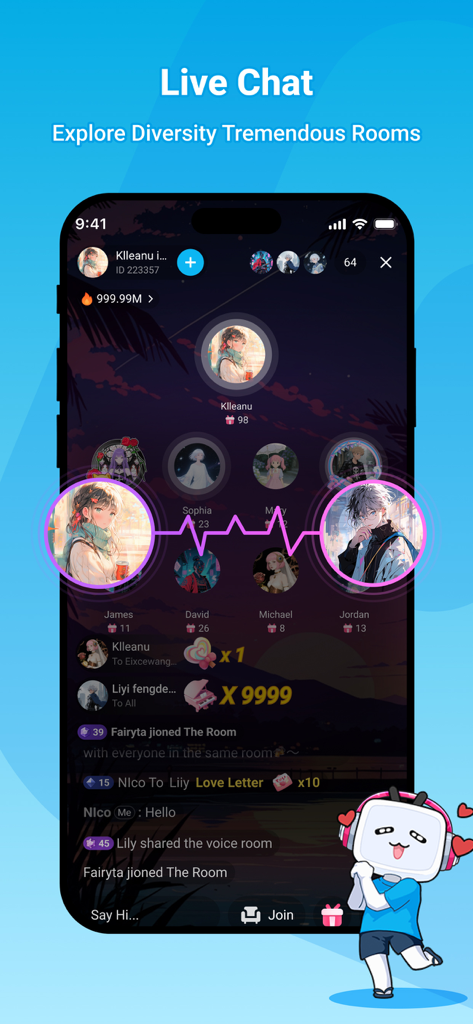 BiliBili Mobile App-Oberfläche, die einen Live-Voice-Chat-Raum mit Anime-Stil-Avataren und sozialen Community-Funktionen zeigt