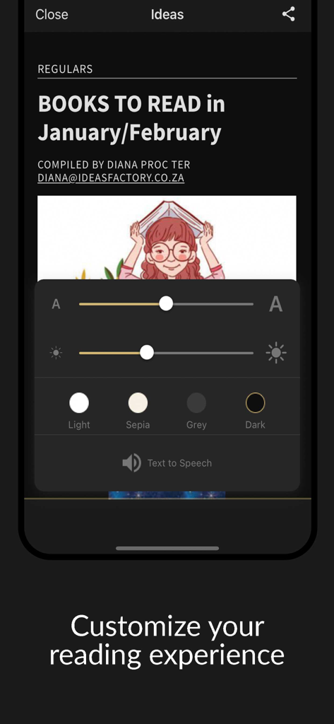 Ideas Magazine - A smartphone screen displaying the Ideas Magazine app with a menu for customizing reading settings like font size, brightness, and color themes.