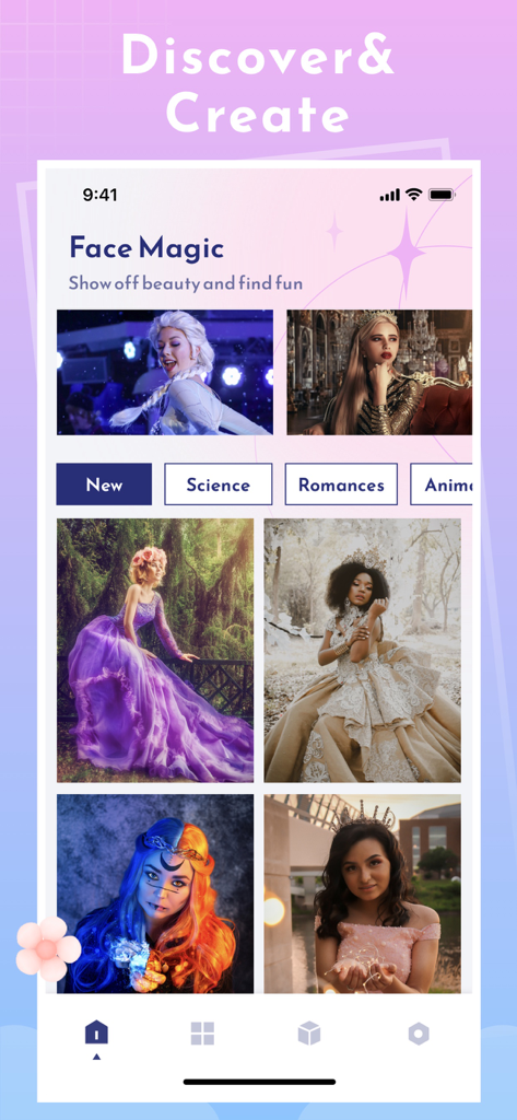 Captura de pantalla de la interfaz de la aplicación Magic Life que muestra varias plantillas y categorías de cambio de rostro como Ciencia y Romances