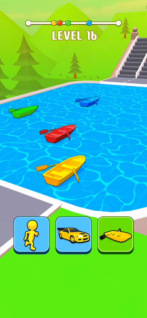 Shape Transform: Shifting Car - Gameplay screenshot of Shape Transform Shifting Car showing boats in a water level and vehicle transformation icons