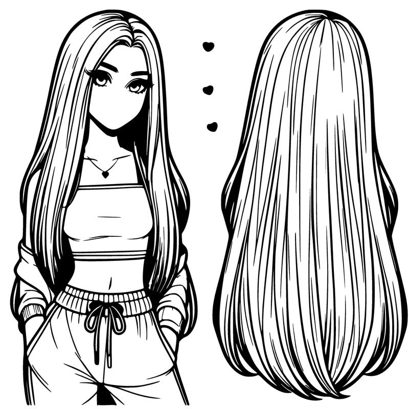 realistic girl with straight long hair and a crop top with sweatpants