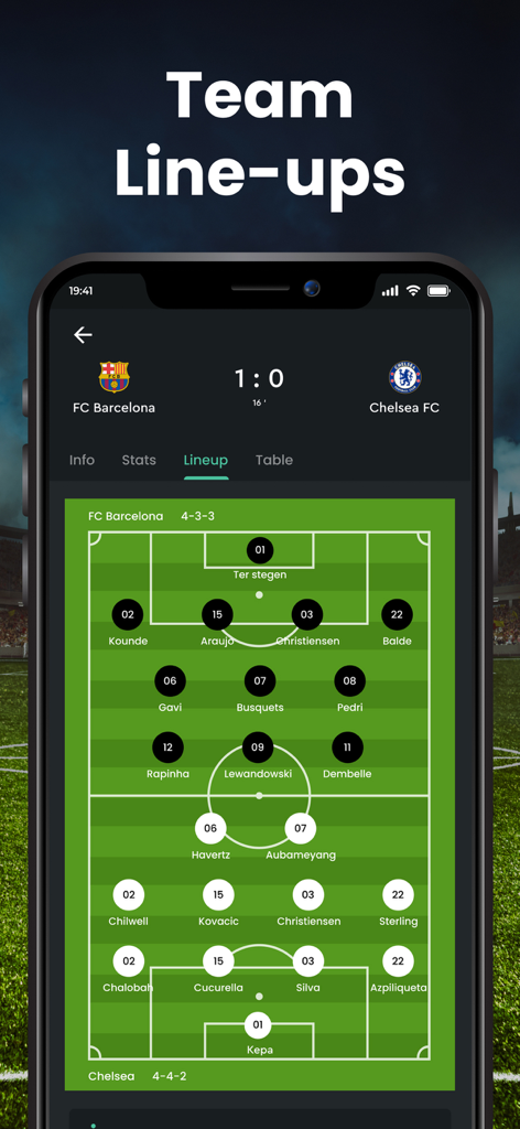 Football Scoreboard Live Score - Mobile app interface displaying soccer team lineups for FC Barcelona versus Chelsea FC on a virtual pitch.