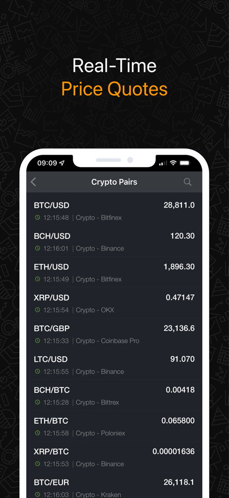 Real time cryptocurrency price quotes on a dark mode mobile app interface