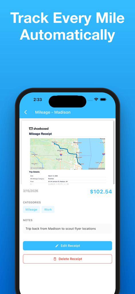Shoeboxed: Receipt Scanner - Shoeboxed app screen showing a digital mileage receipt with an automatic trip map and deduction details