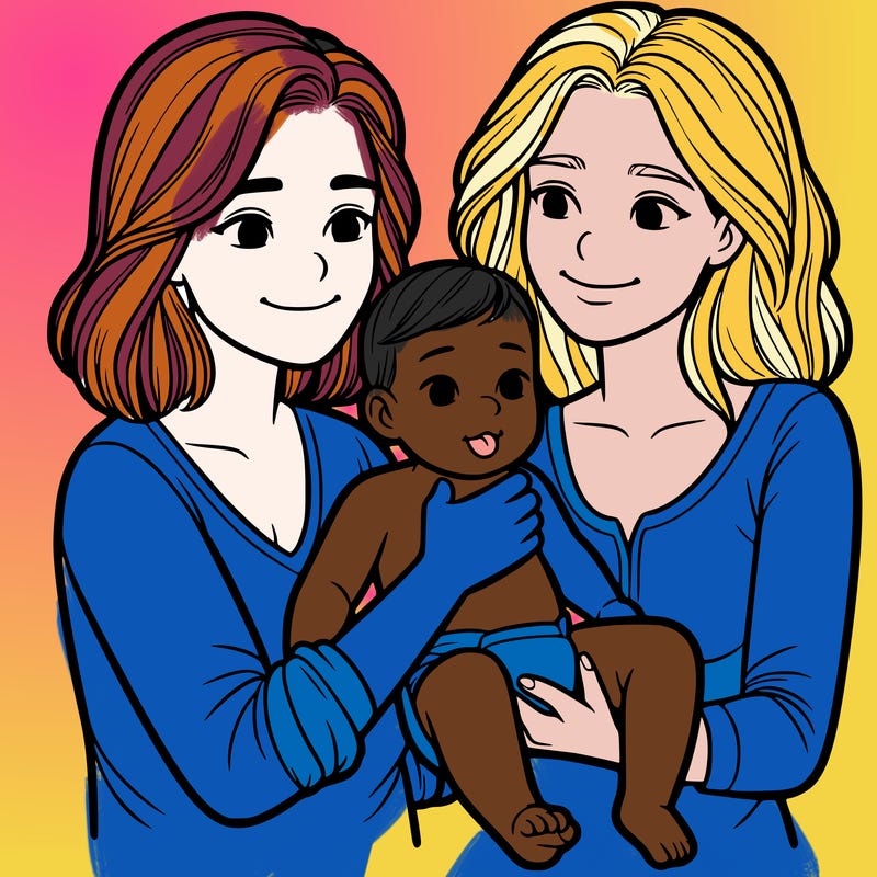 two realistic women holding one baby together