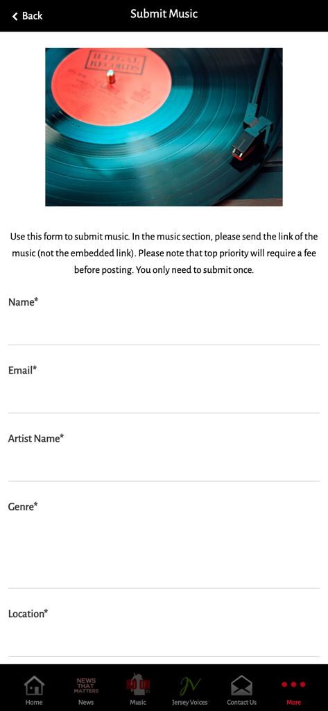 The Submit Music screen of the Unheard Voices Magazine app featuring a vinyl record and a submission form.