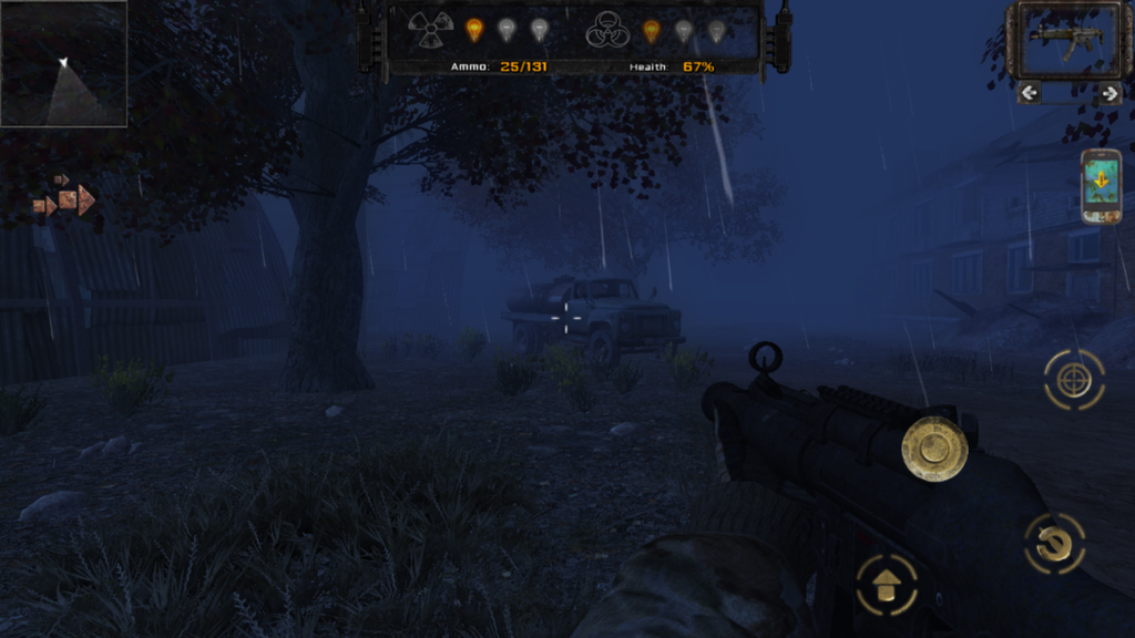 First person perspective of a player holding a weapon in a dark post apocalyptic environment