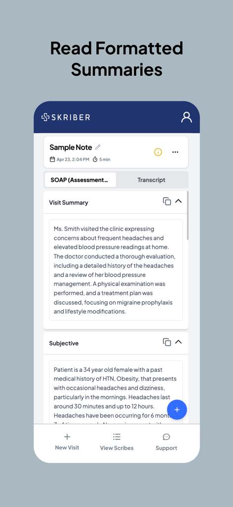 A smartphone screen displaying a formatted medical visit summary in the Skriber AI app