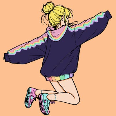 realistic girl jumping with a bun and oversized sweatshirt
