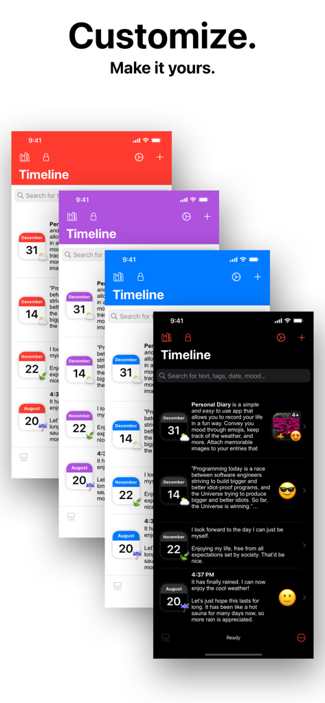 Personal Diary (Journal) App - Cuatro capturas de pantalla de iPhone superpuestas que muestran diferentes temas de color para la línea de tiempo de la aplicación Diario Personal, incluyendo rojo, morado, azul y modo oscuro