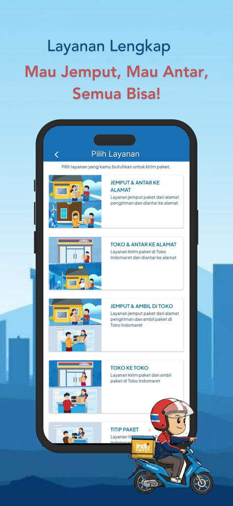 The Indopaket app service selection screen showing pick up and drop off options via Indomaret stores