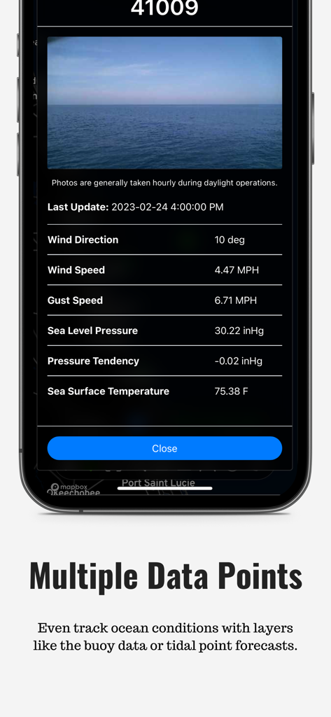 RadarOmega - RadarOmega app interface displaying marine weather buoy data and ocean photos