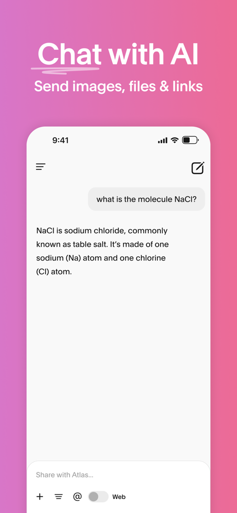 Atlas: AI Study Companion - Interface de chat do aplicativo Atlas AI Study Companion mostrando uma explicação da molécula de NaCl.