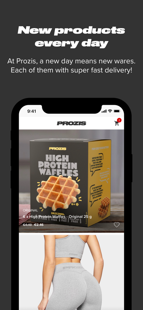 Prozis Store - Prozis Store Mobile App-Oberfläche mit proteinreichen Snacks und Sportbekleidung.