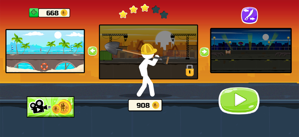 Menu screen of Stick Warrior showing a stickman character with a construction helmet and stage selection options