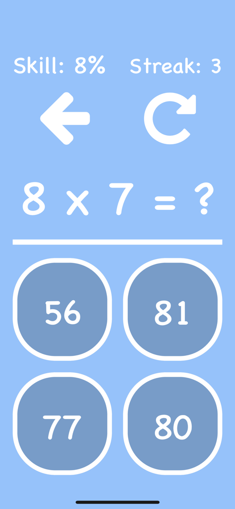 Interfaz de Cool Times Tables Flash Cards mostrando una pregunta de multiplicación con opciones de respuesta múltiple y racha de habilidad