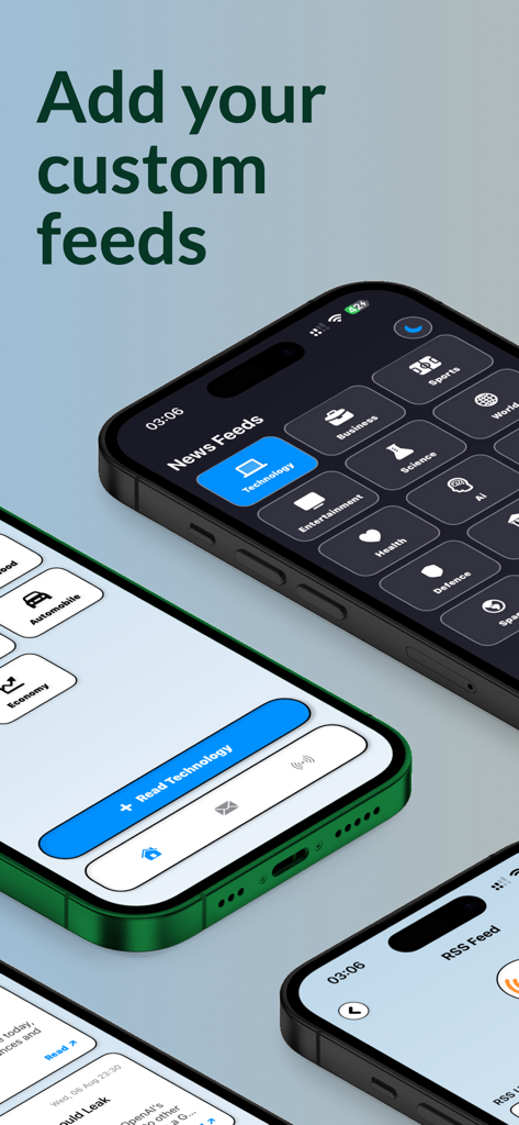 Briefly - RSS reader and news - Briefly app interface showing custom RSS news feed categories like technology and business on iPhone screens