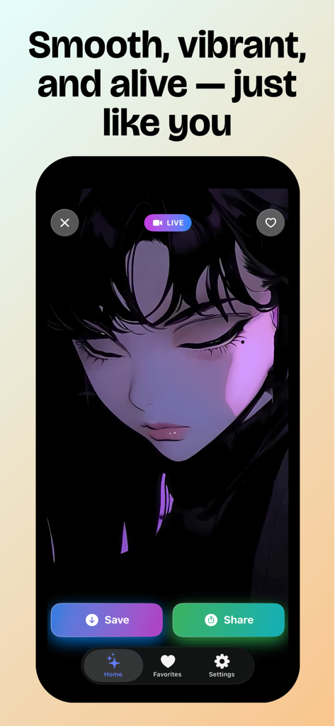 Anime Live wallpaper 4k - Preview of a high-quality animated anime wallpaper on an iPhone screen with save and share buttons