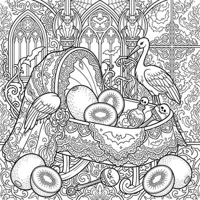 Explore a wonderfully unusual coloring page featuring a Gothic-themed baby shower, complete with ornate details, playful kiwis, and a touch of dark elegance. This intricate design promises a uniquely creative experience for adult and teen colorists.