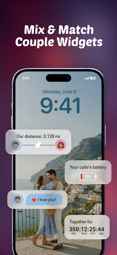 Cuties: App for Couples - Uma tela inicial de iPhone exibindo vários widgets de relacionamento do aplicativo Cuties, incluindo rastreador de distância e contagem regressiva de aniversário.