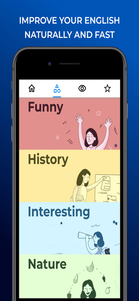 English News in Levels - English News in Levels app screen showing news categories including Funny History Interesting and Nature