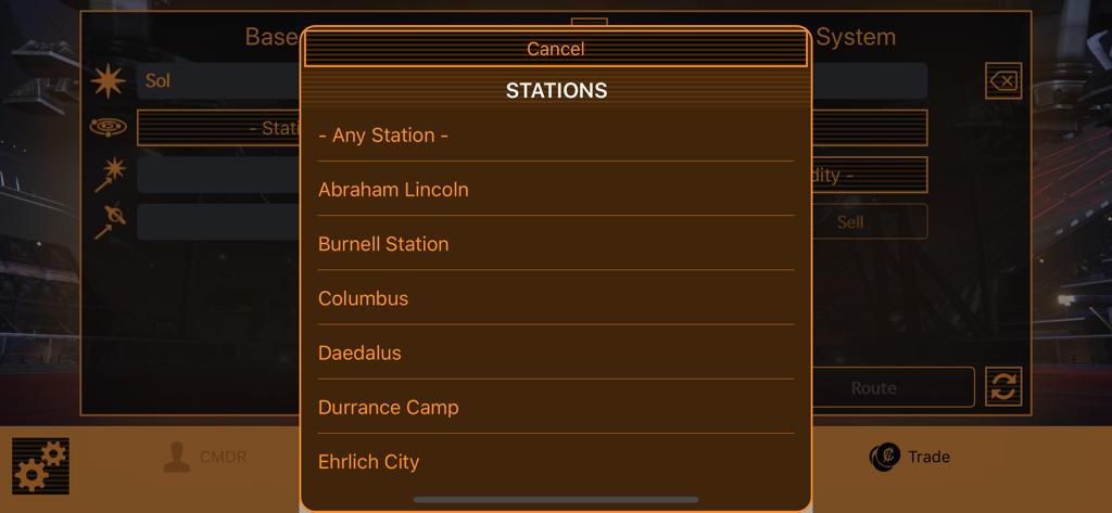 EVA - A station selection menu in the EVA companion app showing names like Abraham Lincoln and Columbus in the Sol system