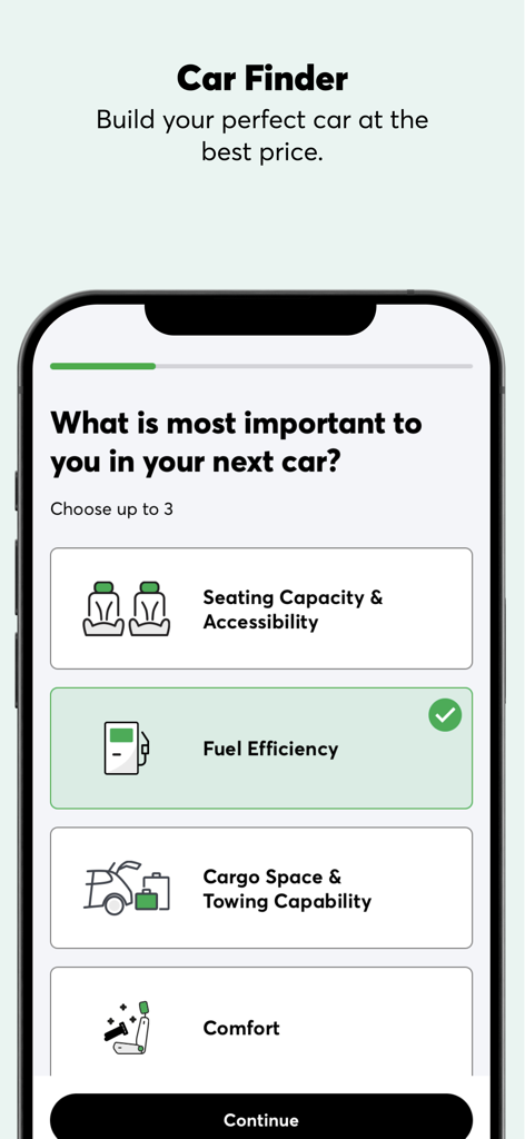 Consumer Reports app interface showing the Car Finder tool for selecting vehicle priorities like fuel efficiency and seating capacity.