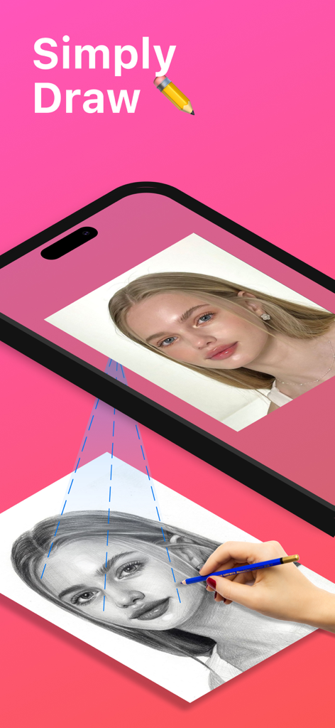 AR Drawing Sketch Paint - Eine Hand skizziert ein Porträt auf Papier mit AR-Zeichnung von einem Smartphone