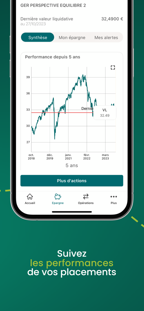 Groupama Epargne Salariale - Écran mobile montrant un graphique de performance sur cinq ans d'un plan d'investissement au sein de l'application Groupama.