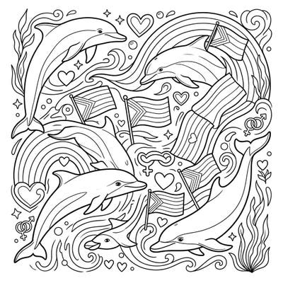 Immerse yourself in a dynamic coloring adventure featuring social dolphin pods amidst a joyful Pride Month celebration. This intricate design, filled with rainbows, flags, and hearts, is perfect for teen colorists.