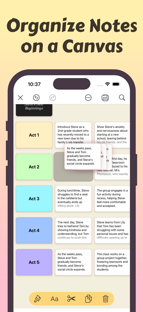 Card Buddy - Index Cards - Card Buddy app interface on an iPhone displaying digital index cards organized in a color-coded grid for story outlining on a canvas.