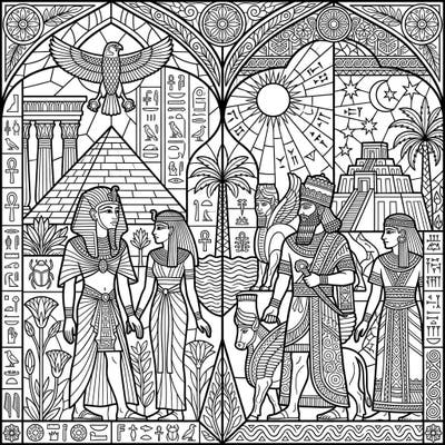 Unravel the mysteries of ancient Egypt and Mesopotamia with this stunning stained glass coloring page designed for adults. Featuring iconic symbols, rulers, and structures, it offers a deeply engaging artistic escape.