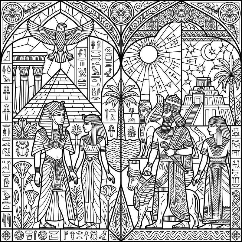 Unravel the mysteries of ancient Egypt and Mesopotamia with this stunning stained glass coloring page designed for adults. Featuring iconic symbols, rulers, and structures, it offers a deeply engaging artistic escape.