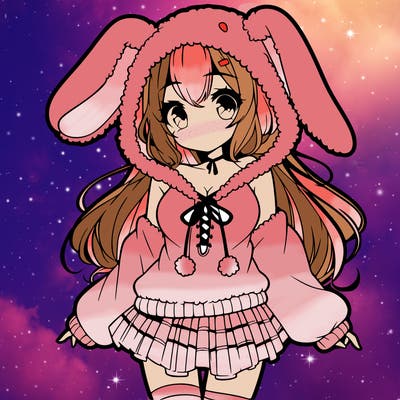 pretty anime girl wearing a fluffy hoodie with bunny ears on the hood and a skirt