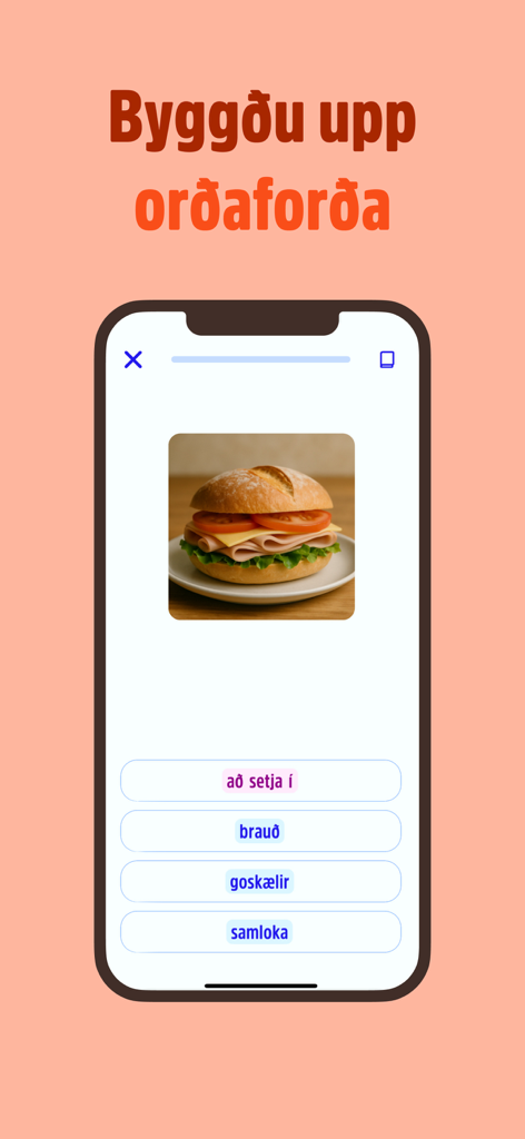 Bara tala - Bara tala mobile app showing an Icelandic vocabulary building exercise with a photo of a sandwich and multiple choice word options.