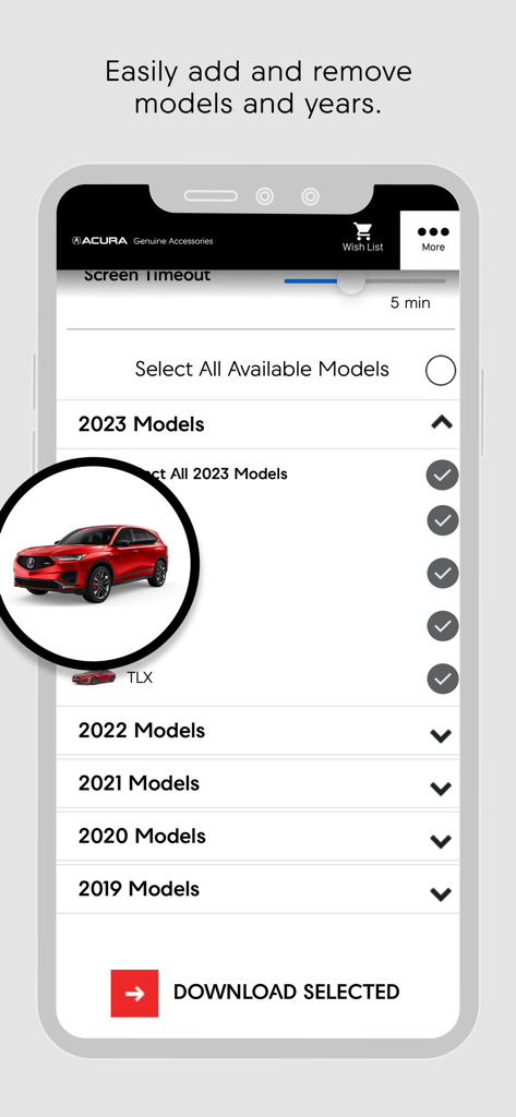 A mobile app screen showing the selection of Acura vehicle models by year to view accessories.