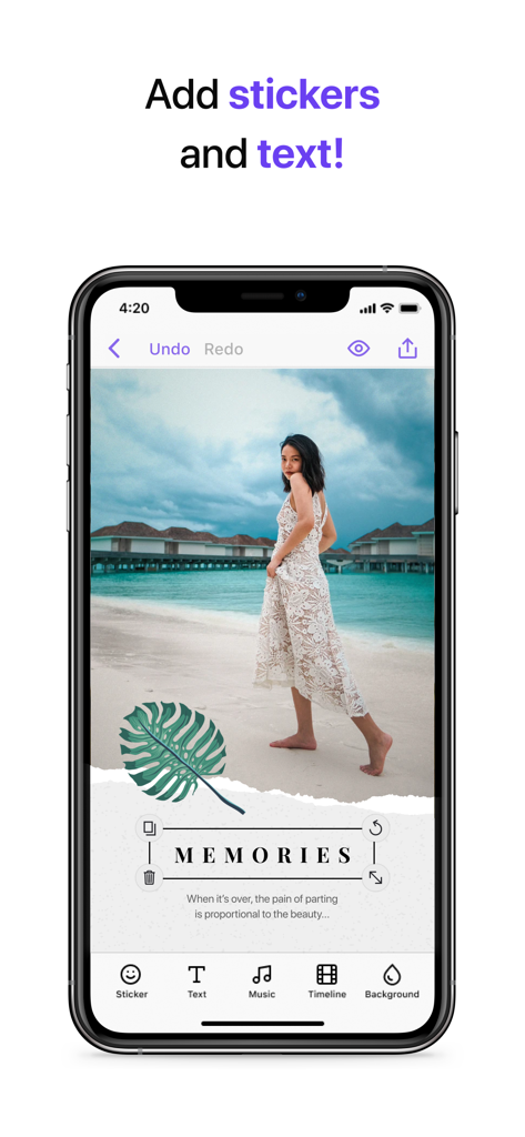 Story Templates & Reels Maker - A mobile app interface showing a beach photo being edited with stickers and text