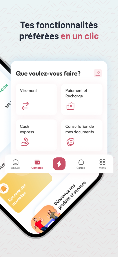 L'bankalik - Main dashboard of the L'bankalik app showing quick access buttons for bank transfers, bill payments, and cash express services.