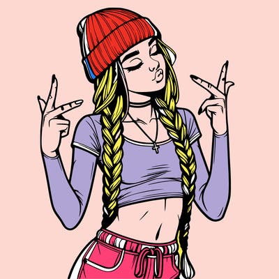 realistic teenage girl with braids and a beanie and crop top doing 🫶🏼