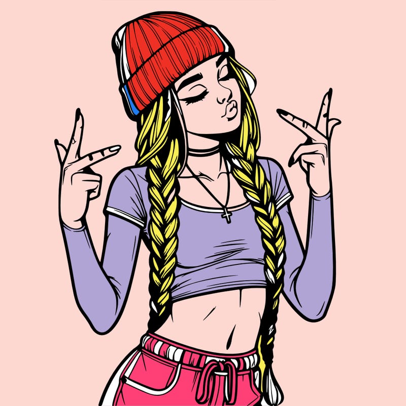realistic teenage girl with braids and a beanie and crop top doing 🫶🏼