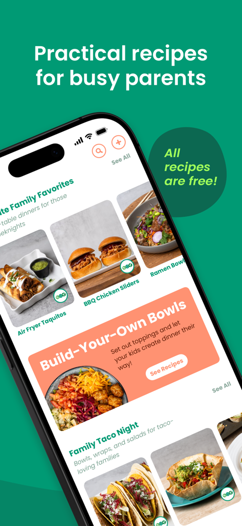 Feeding Littles - Easy Recipes - Pantalla de teléfono mostrando la aplicación Feeding Littles con colecciones de recetas como deslizadores de pollo a la barbacoa y tazones para armar para niños.