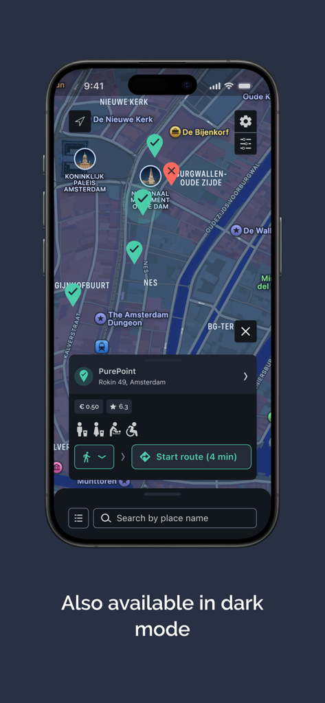 HogeNood app map view in dark mode showing restroom locations and accessibility information