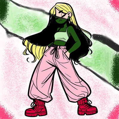 girl in baggy pants crop top and long hair