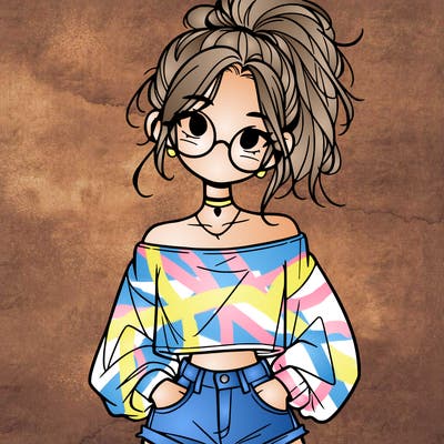 girl with a messy ponytail glasses a baggy crop top and jean shorts